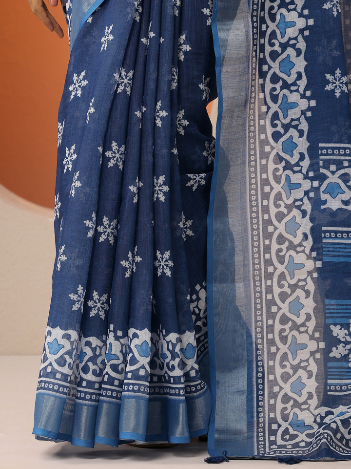 Blue Printed Cotton Blend Saree With Unstitched Blouse Piece