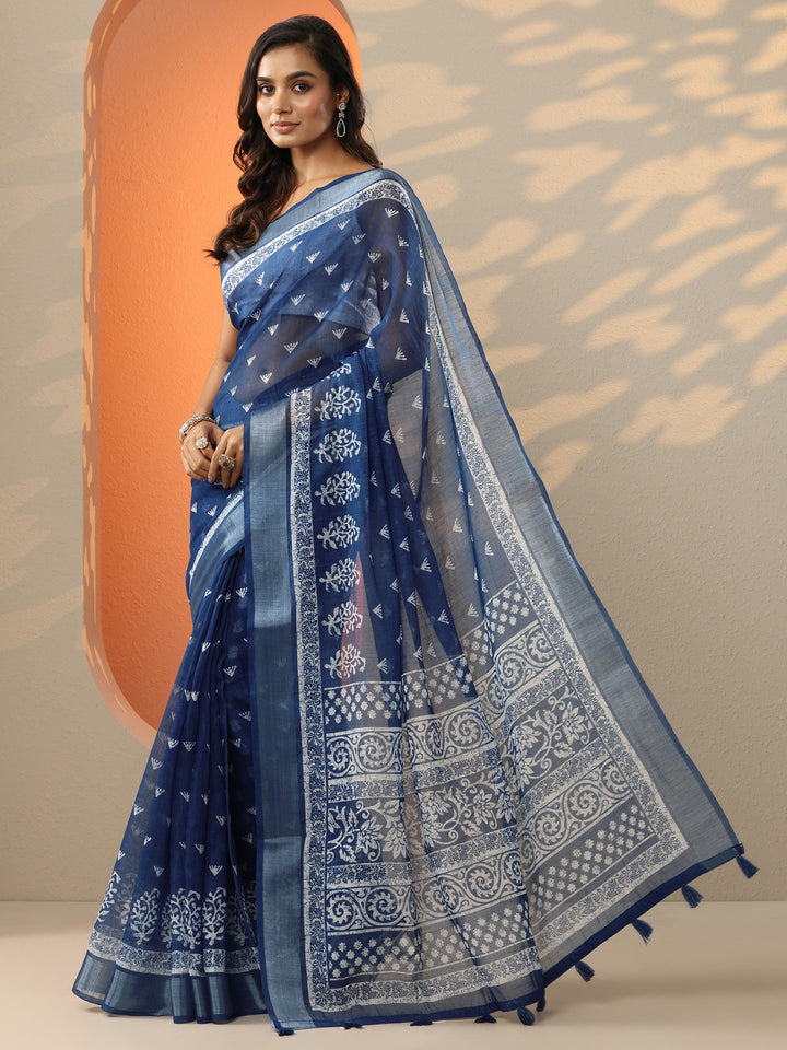 Blue Jamdani Printed Cotton Blend Saree With Unstitched Blouse Piece