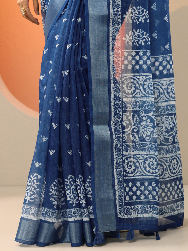 Blue Jamdani Printed Cotton Blend Saree With Unstitched Blouse Piece