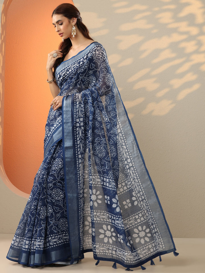 Blue Bandhani Printed Cotton Blend Saree With Unstitched Blouse Piece