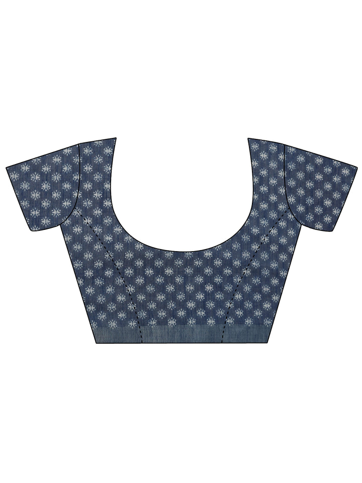 Blue Printed Cotton Blend Saree With Unstitched Blouse Piece