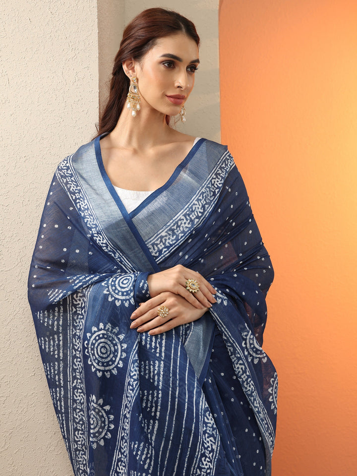 Blue Printed Cotton Blend Saree With Unstitched Blouse Piece