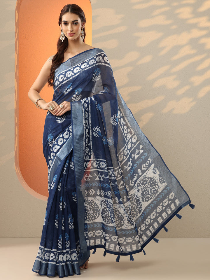 Blue Printed Cotton Blend Saree With Unstitched Blouse Piece