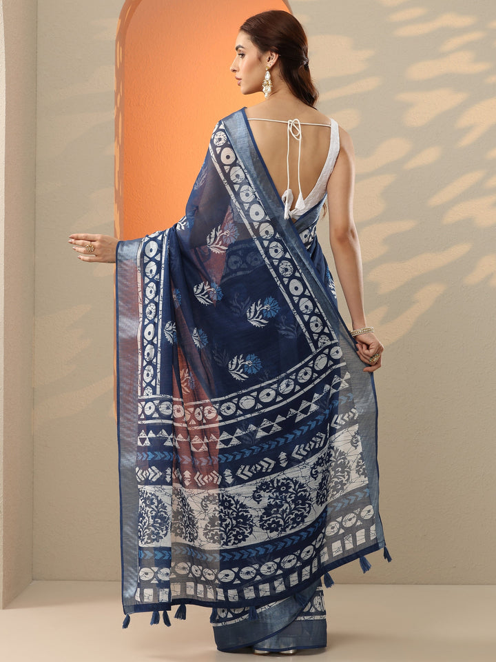 Blue Printed Cotton Blend Saree With Unstitched Blouse Piece