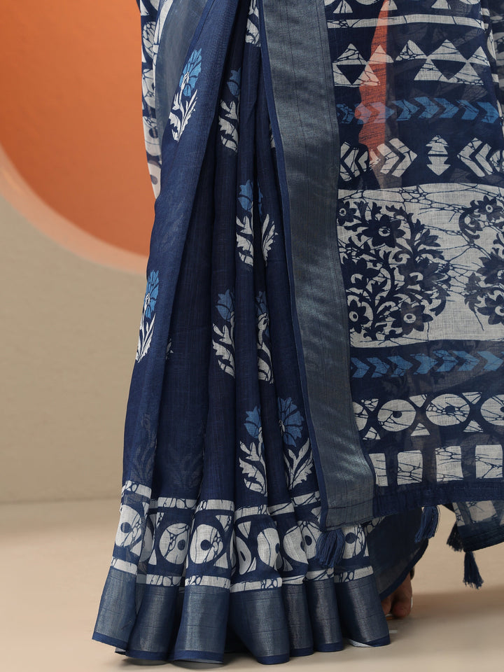 Blue Printed Cotton Blend Saree With Unstitched Blouse Piece