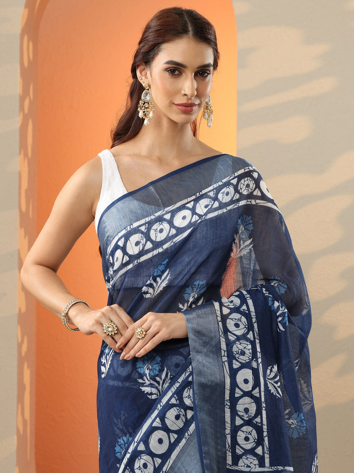 Blue Printed Cotton Blend Saree With Unstitched Blouse Piece
