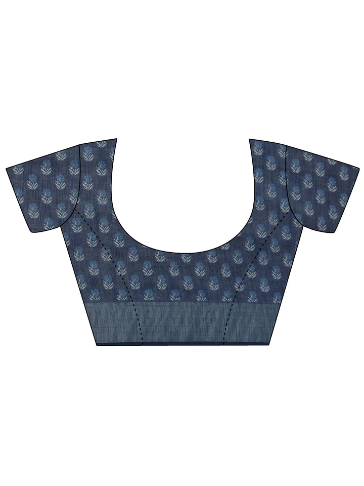 Blue Printed Cotton Blend Saree With Unstitched Blouse Piece