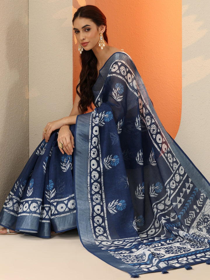 Blue Printed Cotton Blend Saree With Unstitched Blouse Piece