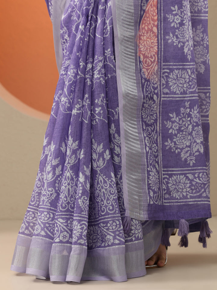 Lavender Jamdani Printed Cotton Blend Saree With Unstitched Blouse Piece