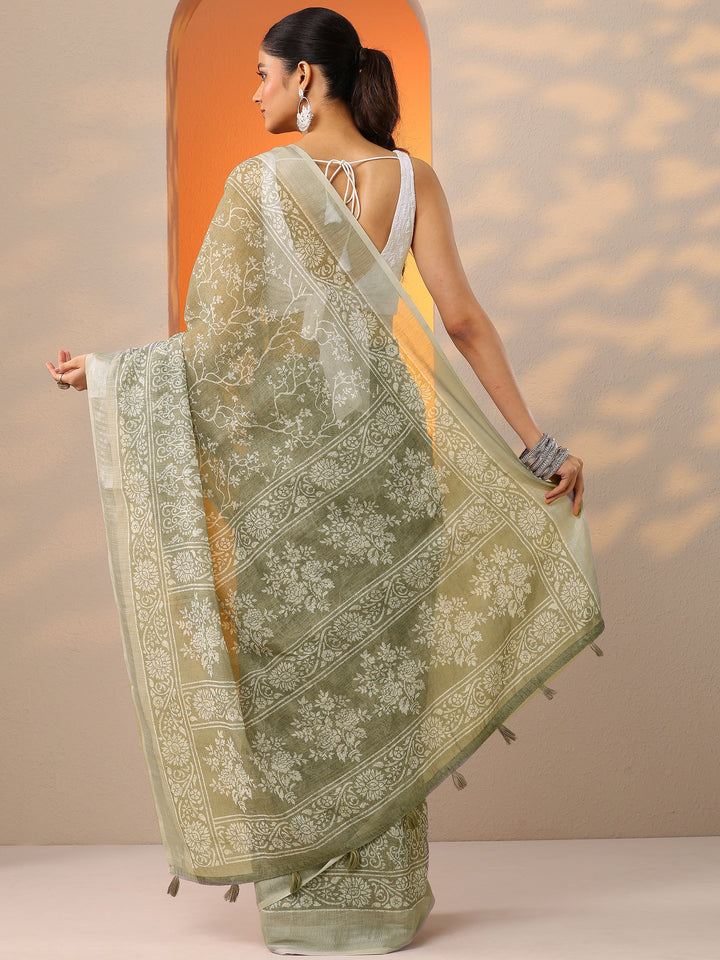 Green Printed Cotton Blend Saree With Unstitched Blouse Piece