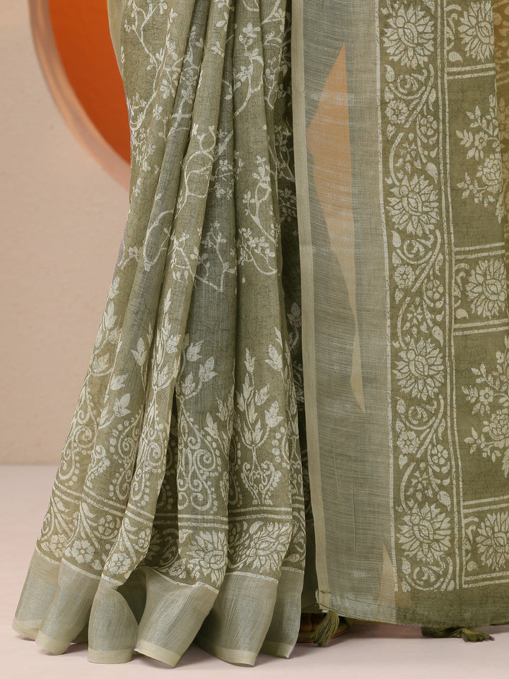 Green Printed Cotton Blend Saree With Unstitched Blouse Piece