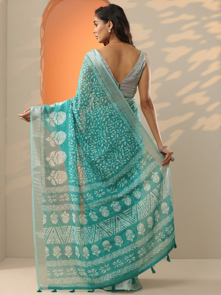 Blue Jamdani Printed Cotton Blend Saree With Unstitched Blouse Piece