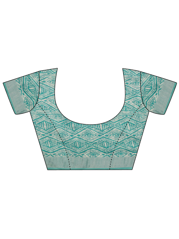 Blue Jamdani Printed Cotton Blend Saree With Unstitched Blouse Piece