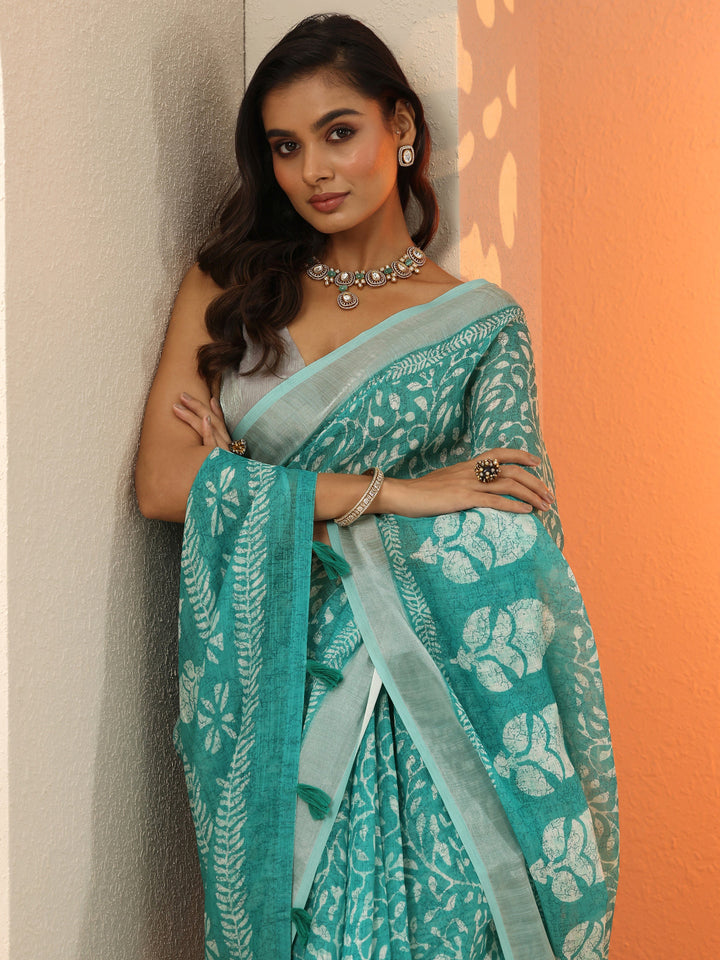 Blue Jamdani Printed Cotton Blend Saree With Unstitched Blouse Piece