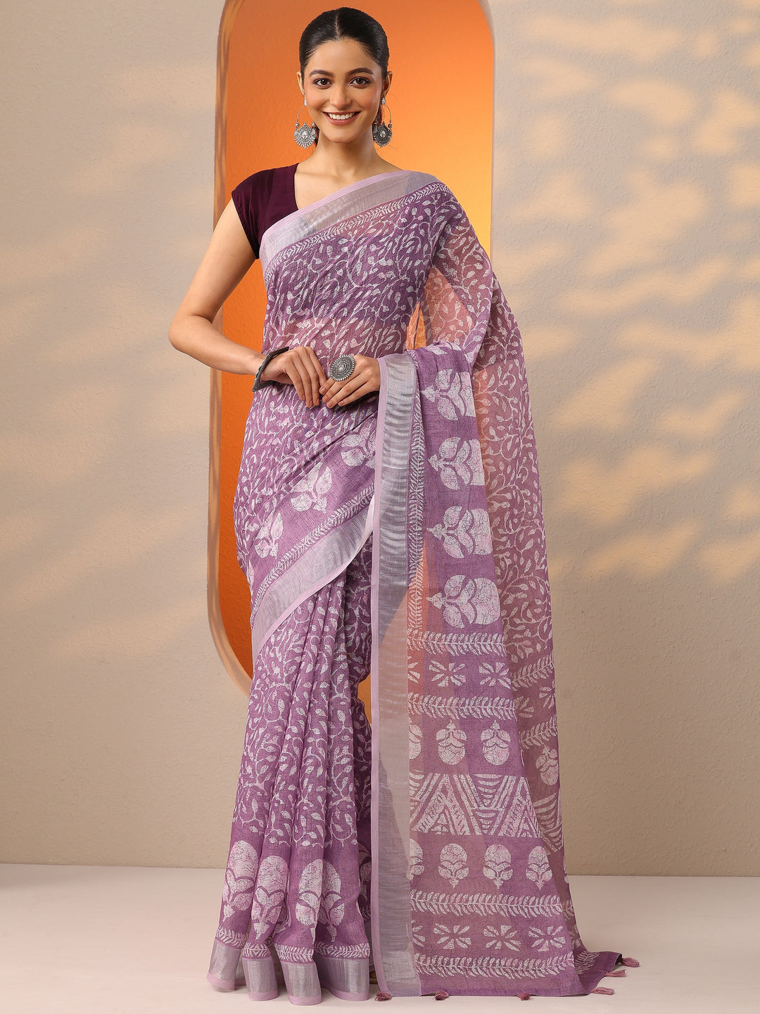 Mauve Jamdani Printed Cotton Blend Saree With Unstitched Blouse Piece