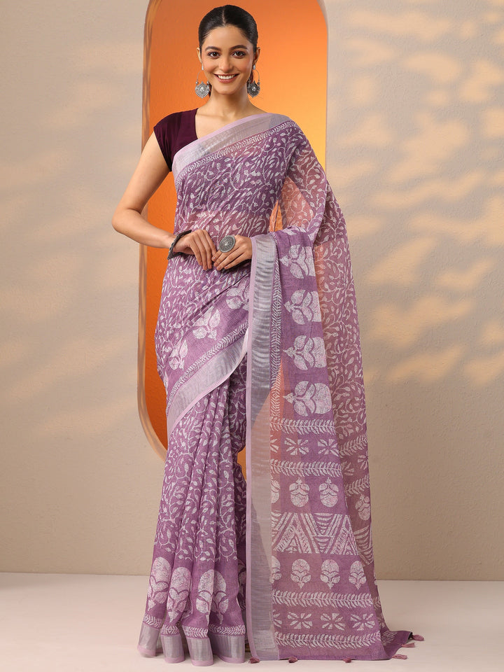 Mauve Jamdani Printed Cotton Blend Saree With Unstitched Blouse Piece