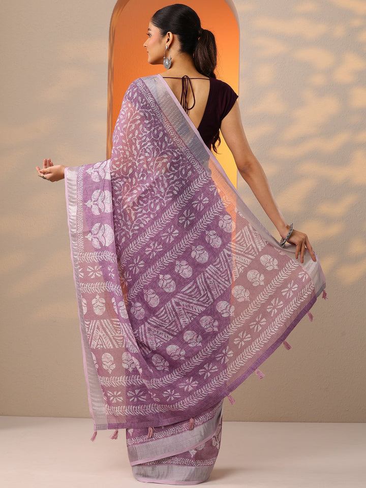 Mauve Jamdani Printed Cotton Blend Saree With Unstitched Blouse Piece