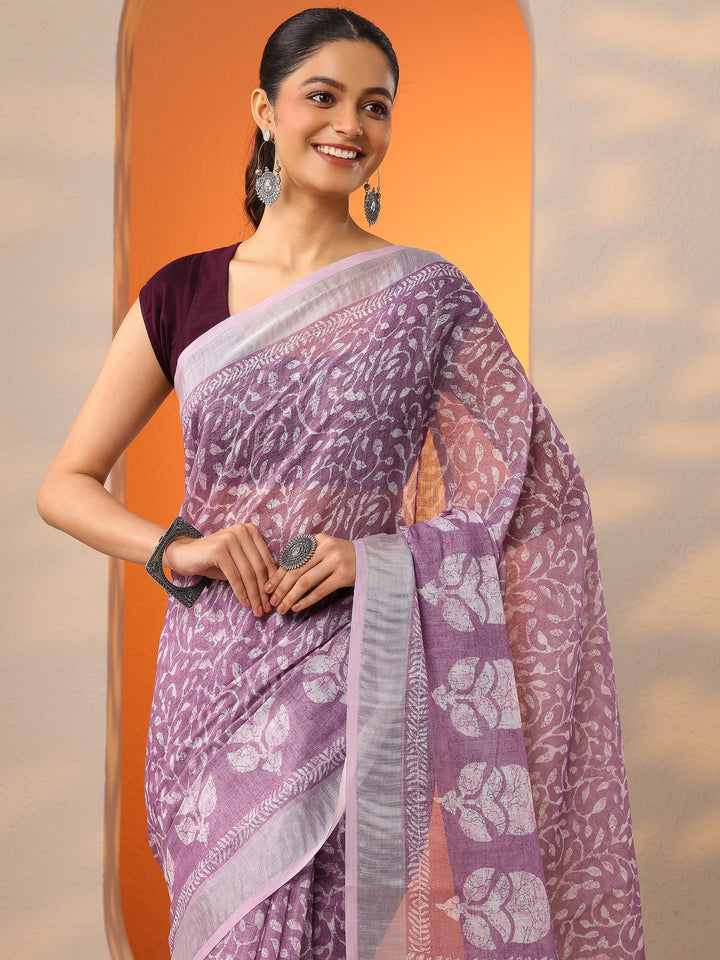 Mauve Jamdani Printed Cotton Blend Saree With Unstitched Blouse Piece
