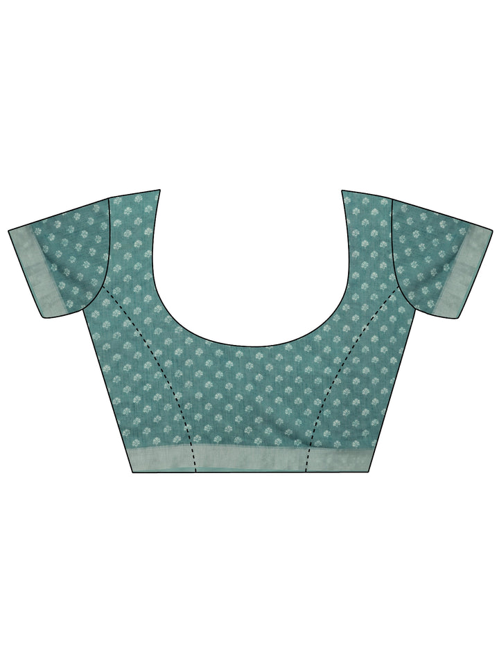 Blue Printed Cotton Blend Saree With Unstitched Blouse Piece