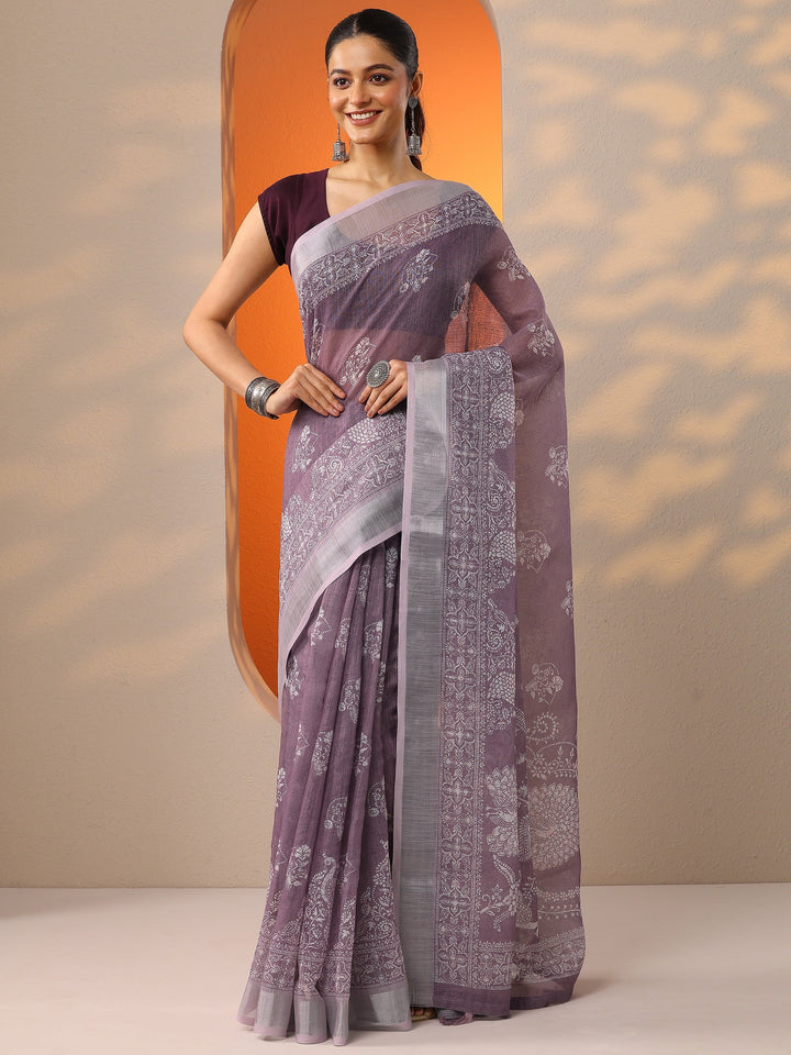 Mauve Jamdani Printed Cotton Blend Saree With Unstitched Blouse Piece