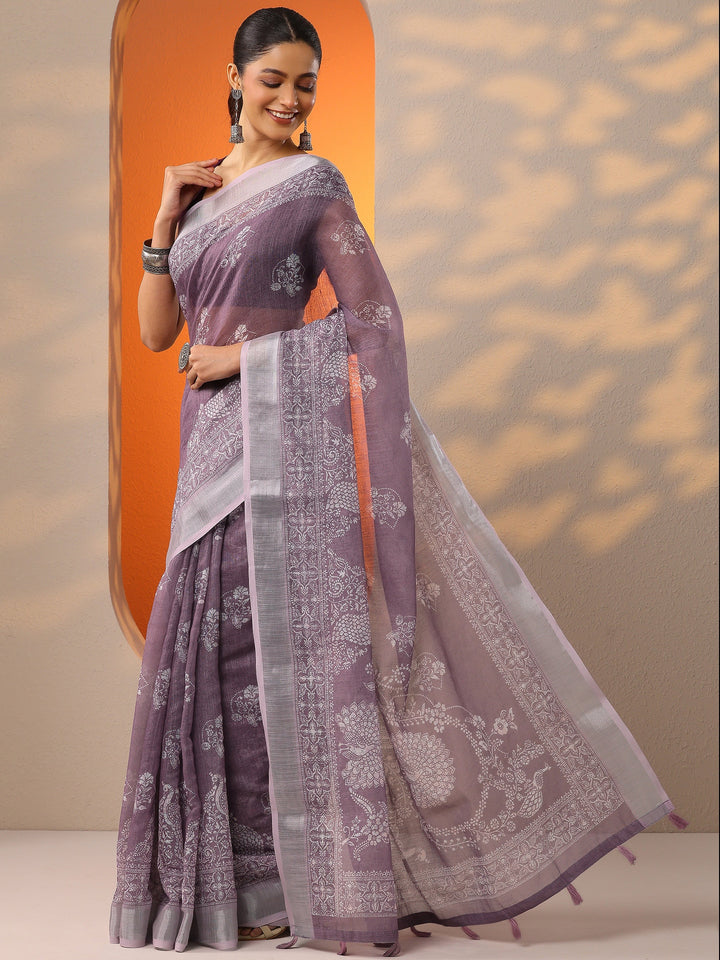 Mauve Jamdani Printed Cotton Blend Saree With Unstitched Blouse Piece