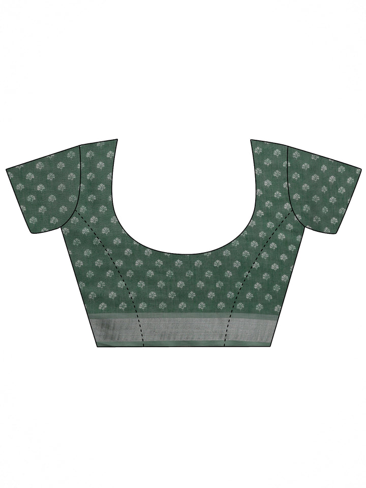 Green Printed Cotton Blend Saree With Unstitched Blouse Piece