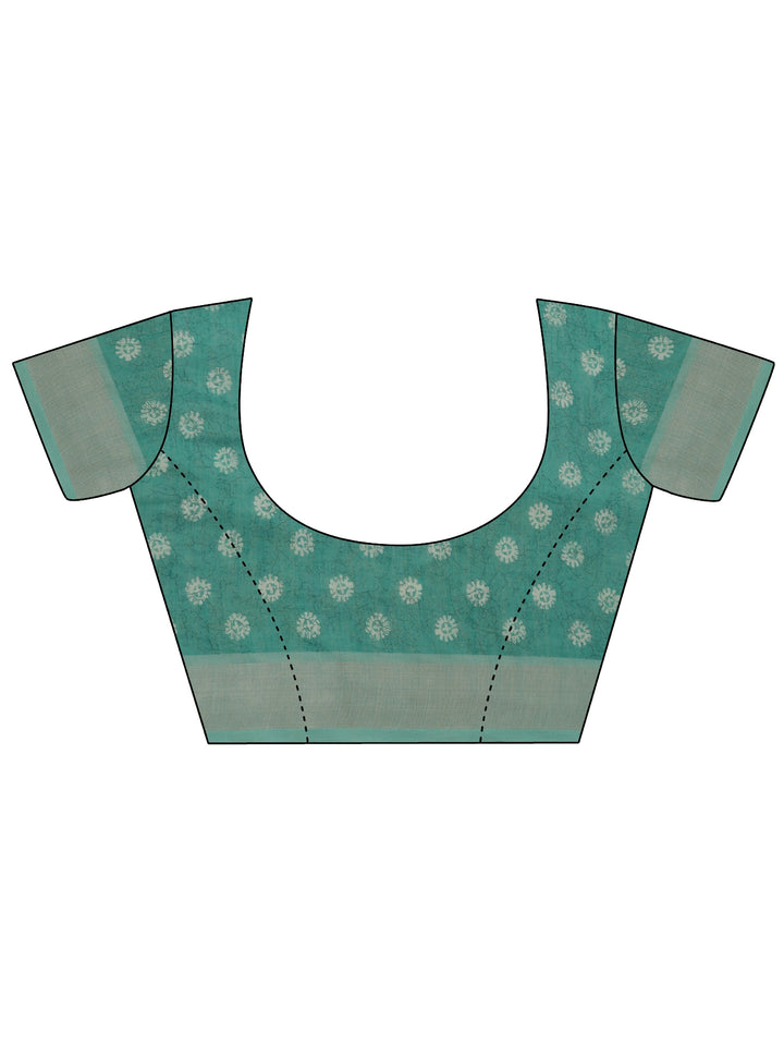 Blue Printed Cotton Blend Saree With Unstitched Blouse Piece