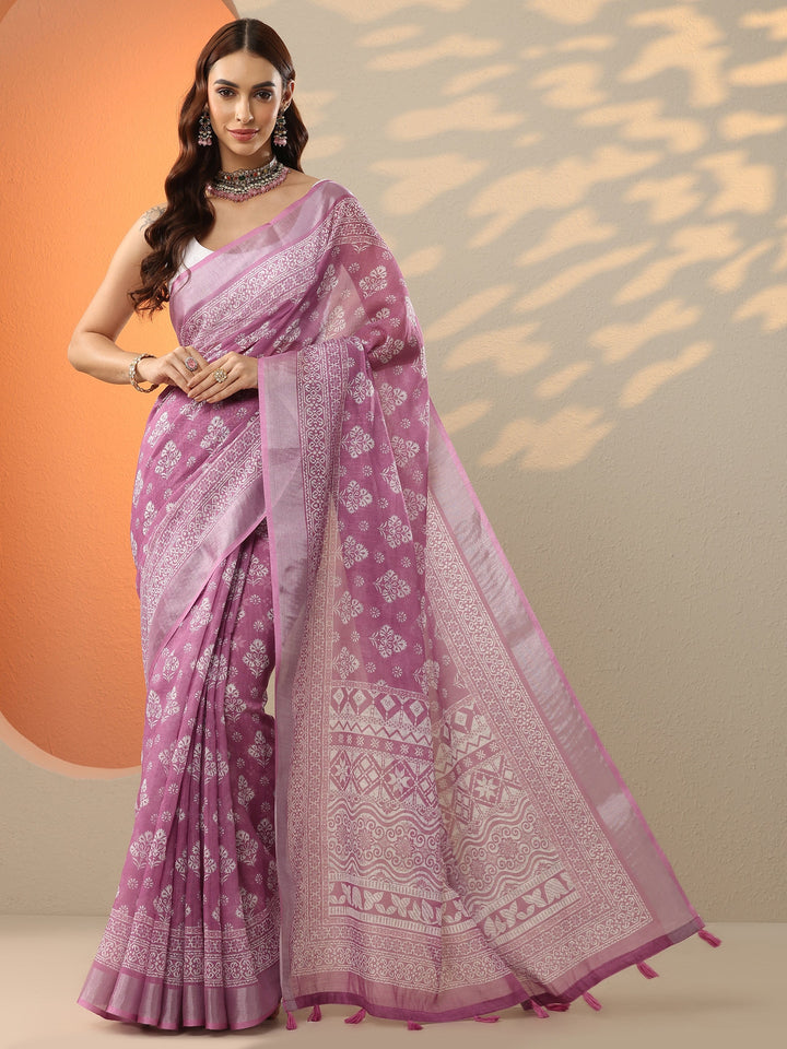 Pink Printed Cotton Blend Saree With Unstitched Blouse Piece