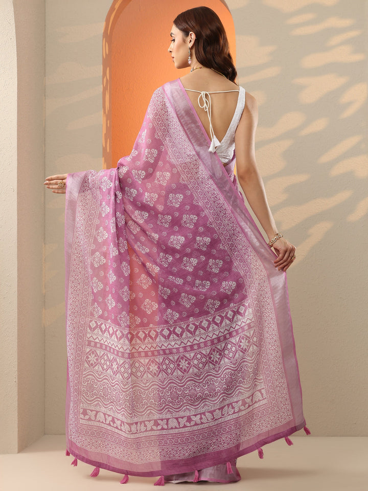 Pink Printed Cotton Blend Saree With Unstitched Blouse Piece