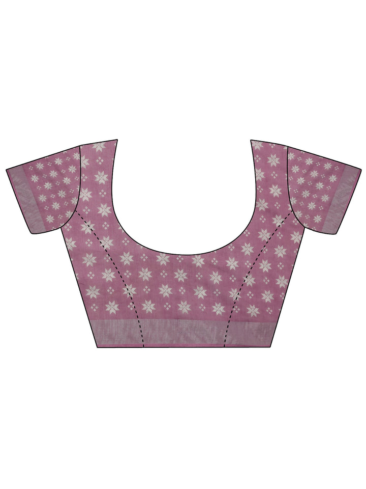 Pink Printed Cotton Blend Saree With Unstitched Blouse Piece