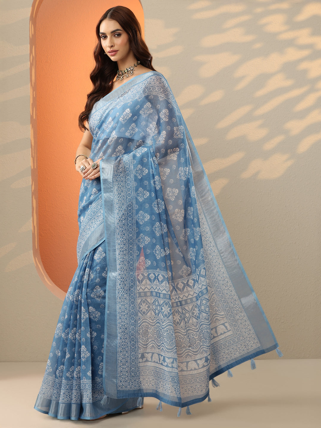 Blue Printed Cotton Blend Jamdani Saree With Unstitched Blouse Piece