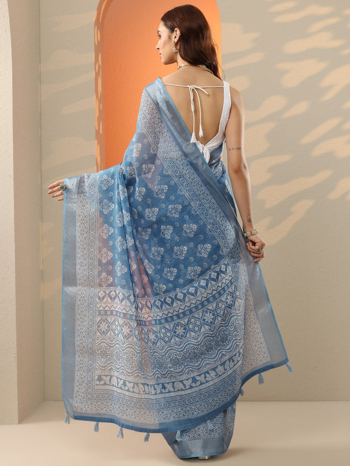 Blue Printed Cotton Blend Jamdani Saree With Unstitched Blouse Piece