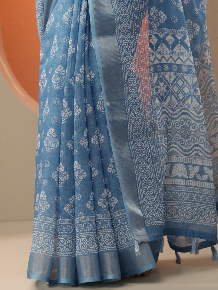 Blue Printed Cotton Blend Jamdani Saree With Unstitched Blouse Piece
