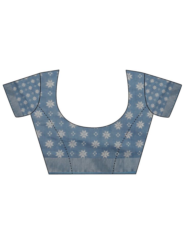 Blue Printed Cotton Blend Jamdani Saree With Unstitched Blouse Piece