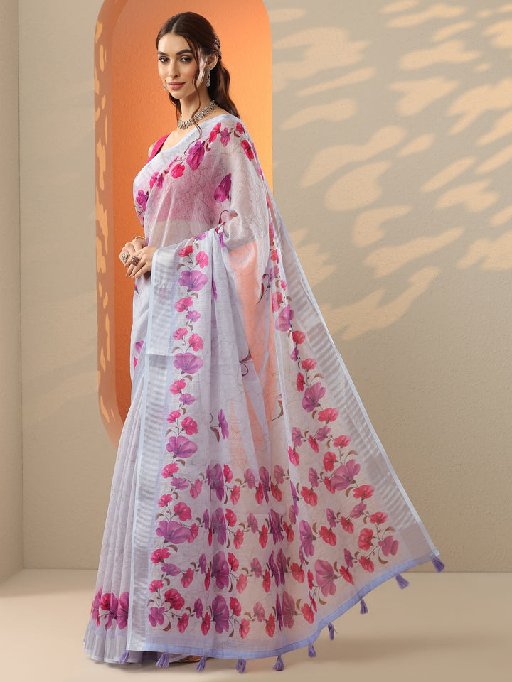 Blue Printed Cotton Blend Saree With Unstitched Blouse Piece