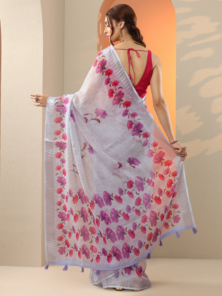 Blue Printed Cotton Blend Saree With Unstitched Blouse Piece