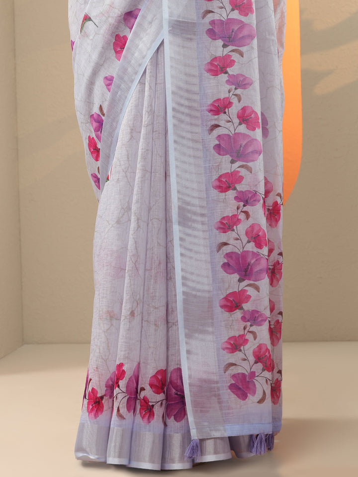 Blue Printed Cotton Blend Saree With Unstitched Blouse Piece