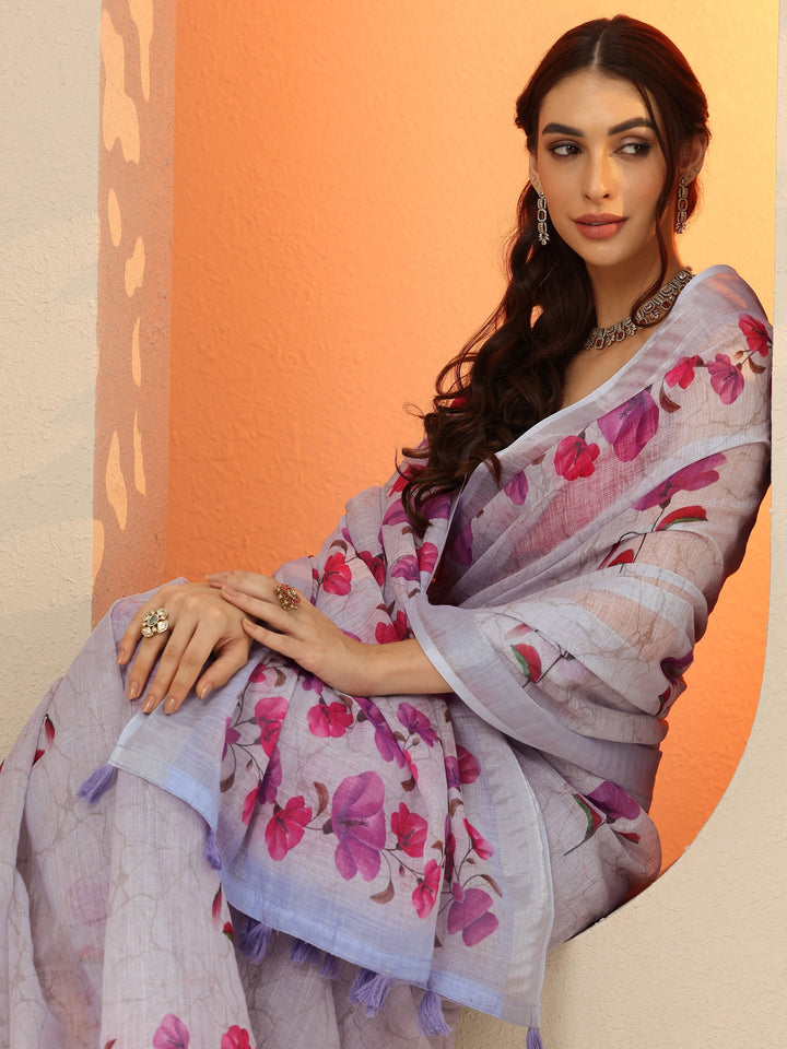 Blue Printed Cotton Blend Saree With Unstitched Blouse Piece