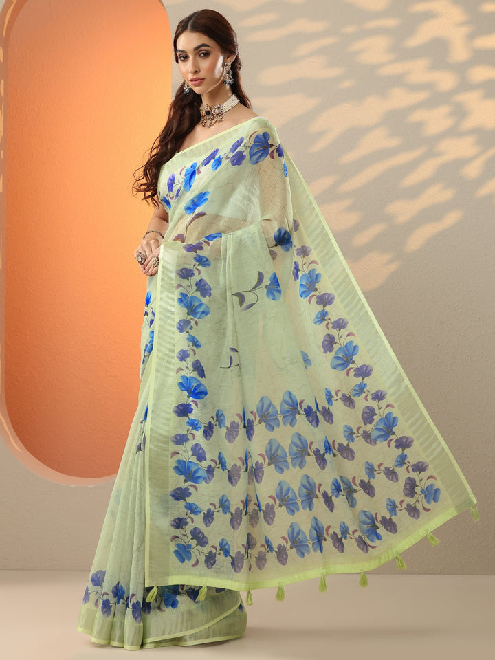 Green Printed Cotton Blend Saree With Unstitched Blouse Piece