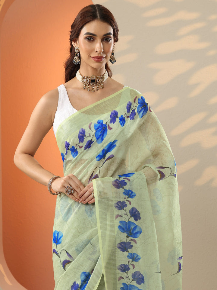Green Printed Cotton Blend Saree With Unstitched Blouse Piece