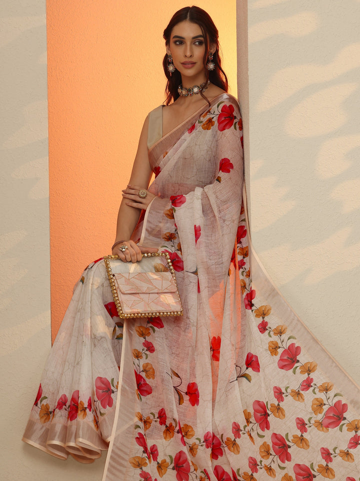 Off White Printed Cotton Blend Saree With Unstitched Blouse Piece