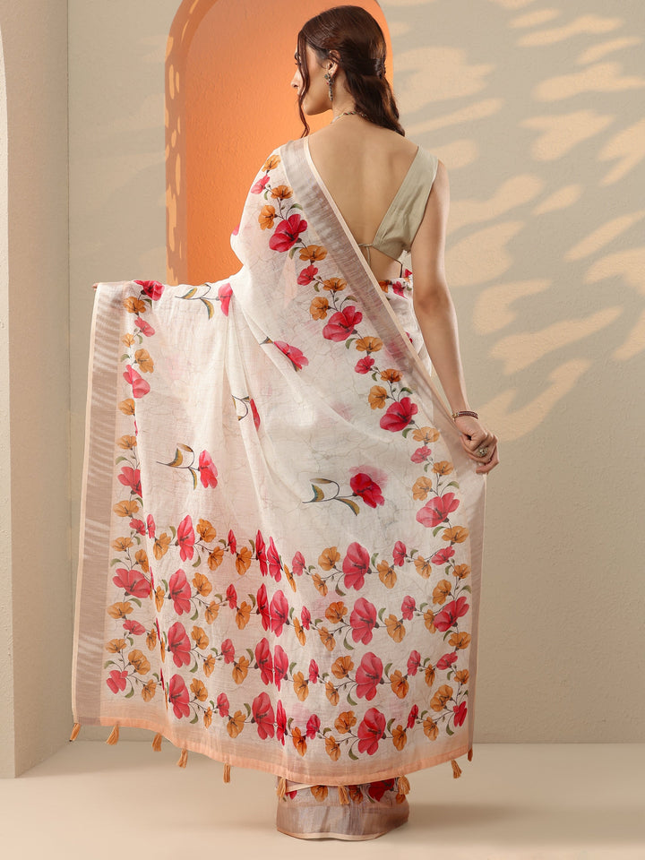 Off White Printed Cotton Blend Saree With Unstitched Blouse Piece