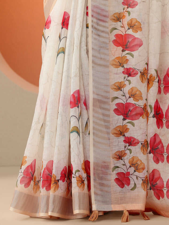 Off White Printed Cotton Blend Saree With Unstitched Blouse Piece