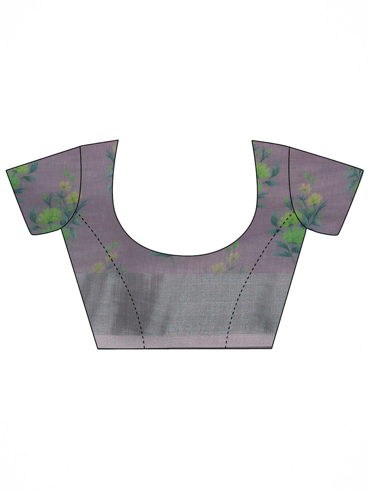 Lavender Printed Cotton Blend Saree With Unstitched Blouse Piece