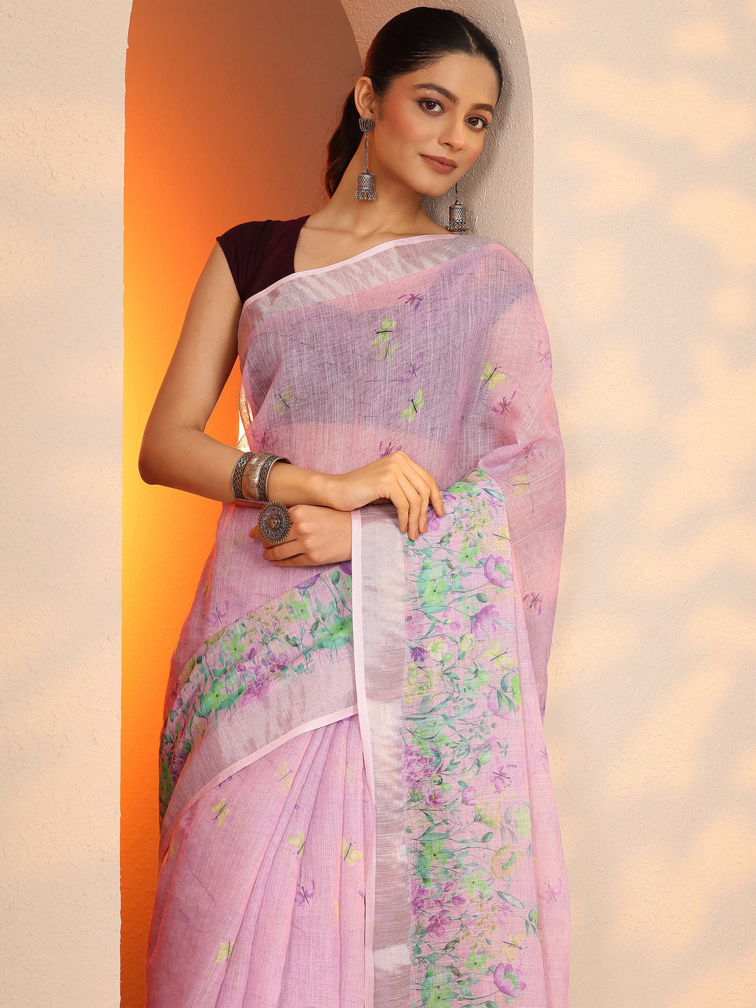 Lavender Printed Cotton Blend Saree With Unstitched Blouse Piece