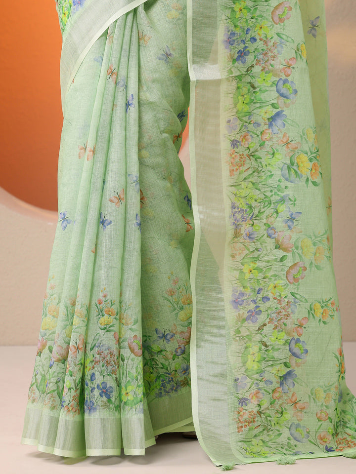 Green Printed Cotton Blend Saree With Unstitched Blouse Piece