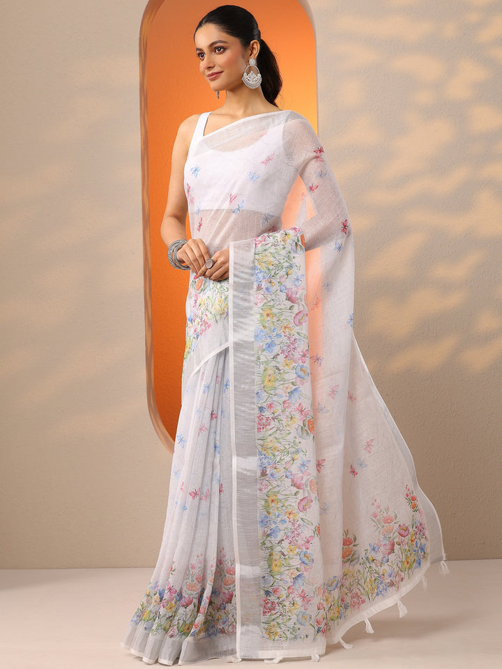 White Printed Cotton Blend Saree With Unstitched Blouse Piece
