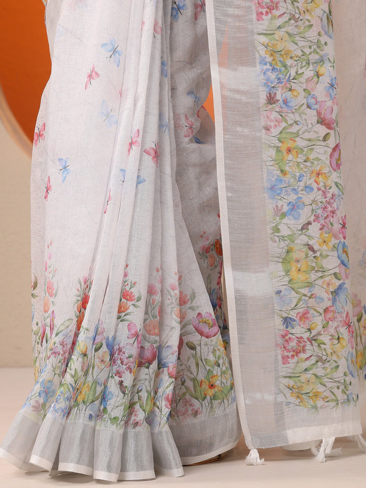 White Printed Cotton Blend Saree With Unstitched Blouse Piece