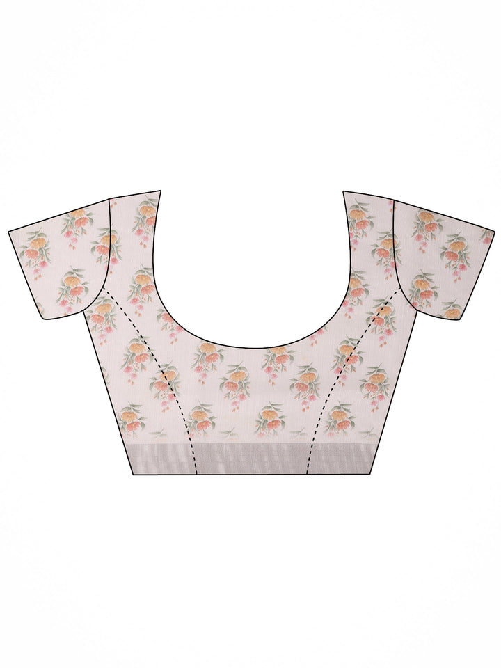 White Printed Cotton Blend Saree With Unstitched Blouse Piece