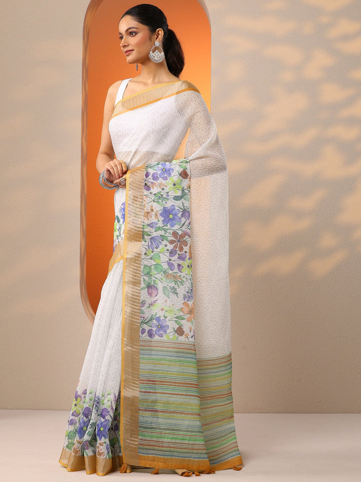 White Printed Cotton Blend Saree With Unstitched Blouse Piece